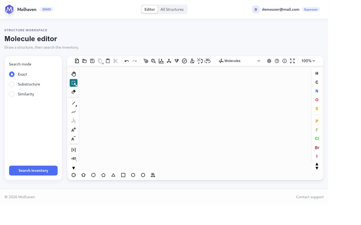 Molhaven molecular editor with exact, substructure, and similarity search modes