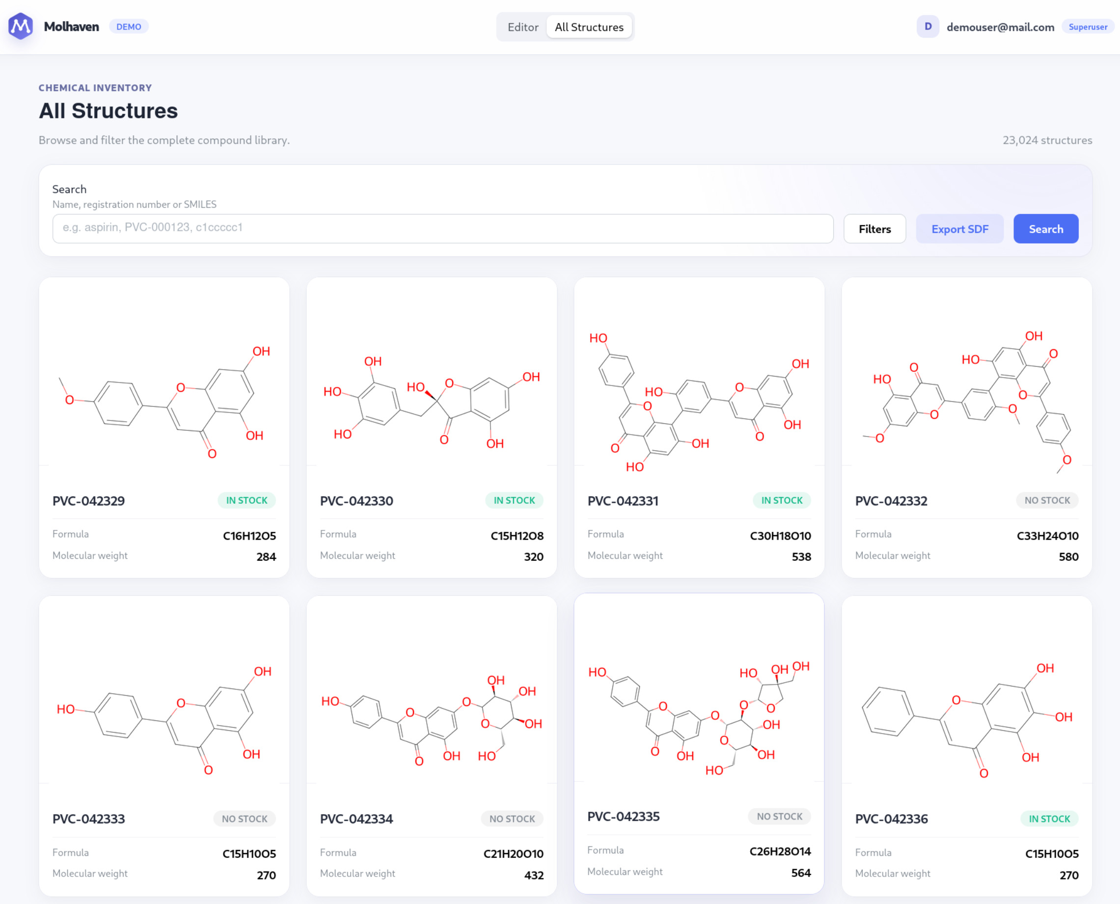 Molhaven compound catalogue with structure cards and search controls